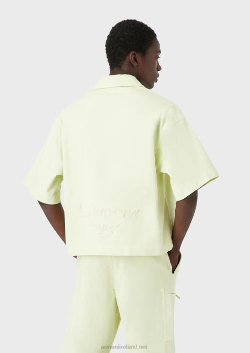 Men 086V1086 Short-Sleeved Denim Blouson With L'Amour Embroidery Armani Lime Green