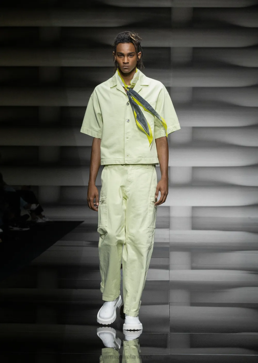 Men 086V1086 Short-Sleeved Denim Blouson With L'Amour Embroidery Armani Lime Green