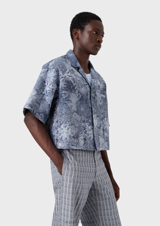 Men 086V1087 Short-Sleeved Blouson In Gobelin Fabric With Sea-Bed Pattern Armani