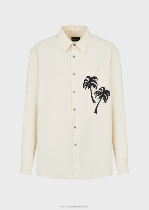 Men 086V1088 Smooth-Finish Modal Shirt With Palm Tree Patch Armani White