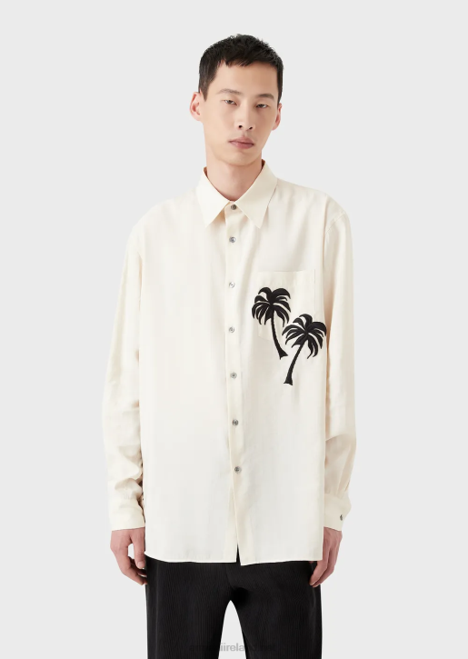 Men 086V1088 Smooth-Finish Modal Shirt With Palm Tree Patch Armani White