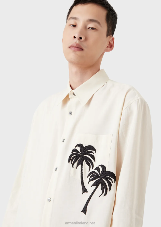 Men 086V1088 Smooth-Finish Modal Shirt With Palm Tree Patch Armani White