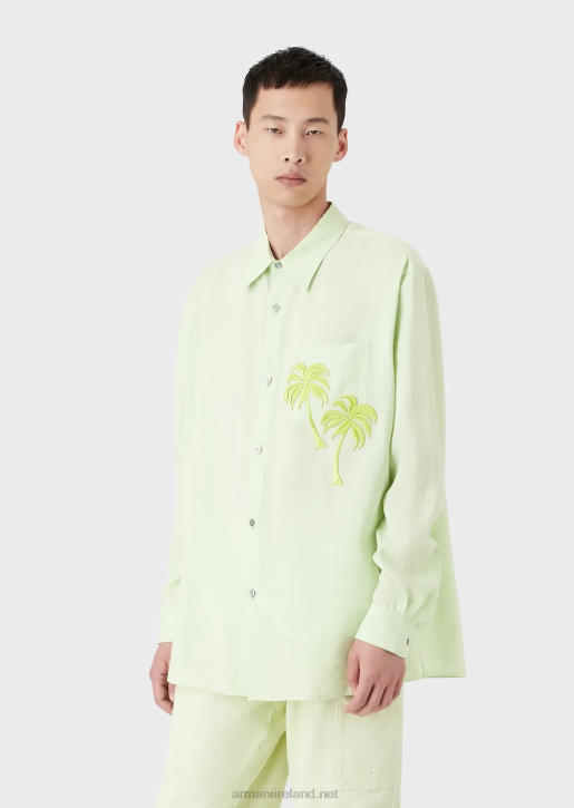 Men 086V1089 Smooth-Finish Modal Shirt With Palm Tree Patch Armani Light Green