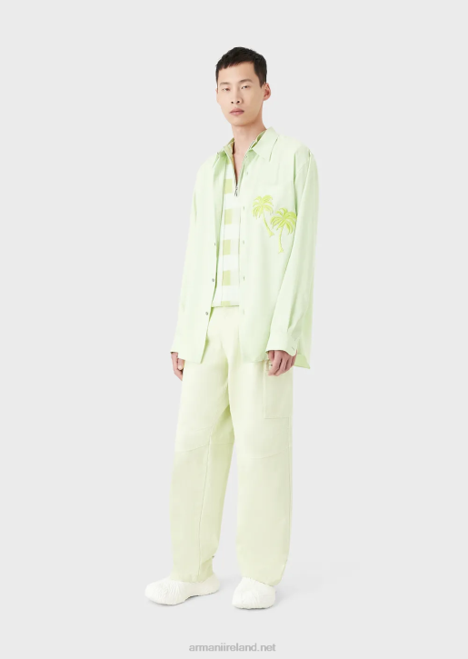 Men 086V1089 Smooth-Finish Modal Shirt With Palm Tree Patch Armani Light Green