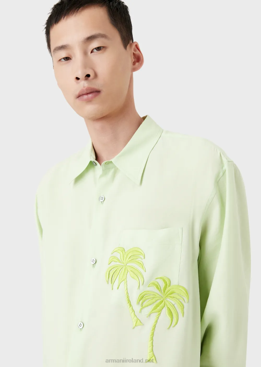Men 086V1089 Smooth-Finish Modal Shirt With Palm Tree Patch Armani Light Green