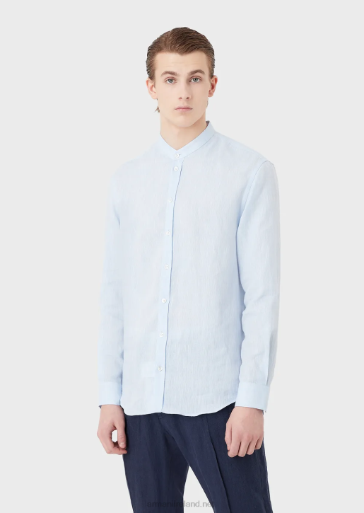 Men 086V1098 Linen Chambray Shirt With Guru Collar Armani Azure
