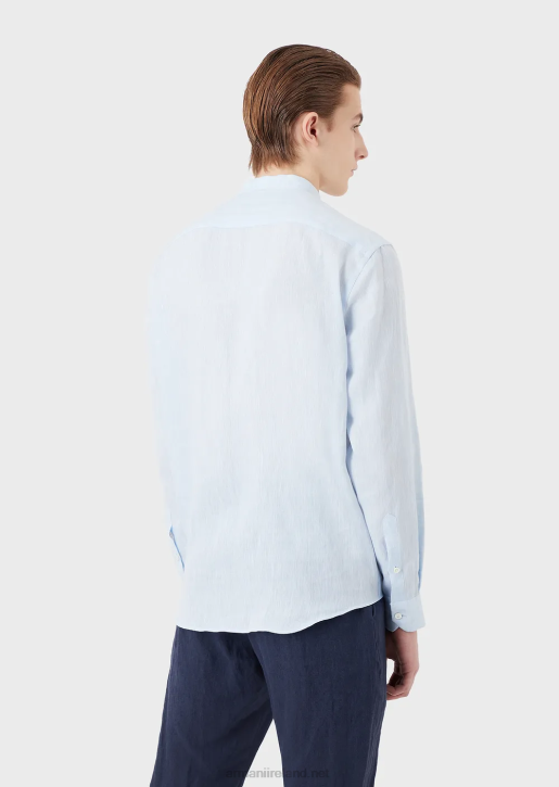 Men 086V1098 Linen Chambray Shirt With Guru Collar Armani Azure