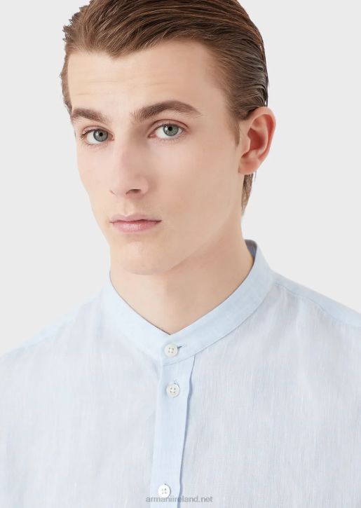 Men 086V1098 Linen Chambray Shirt With Guru Collar Armani Azure