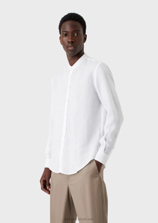 Men 086V1099 Linen Chambray Shirt With Guru Collar Armani White