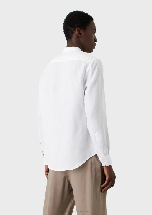 Men 086V1099 Linen Chambray Shirt With Guru Collar Armani White
