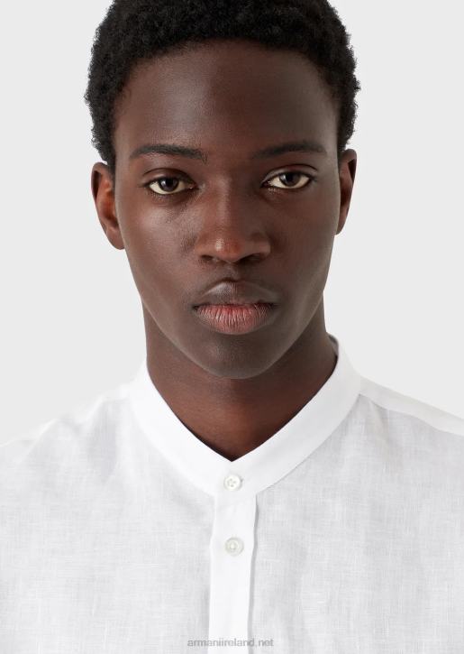 Men 086V1099 Linen Chambray Shirt With Guru Collar Armani White