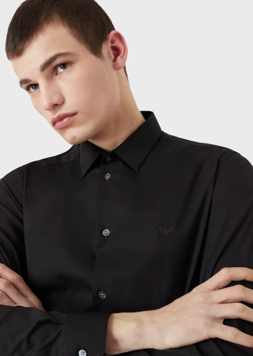 Men 086V1100 Stretch Nylon-Blend Shirt With Embroidered Eagle Armani Black