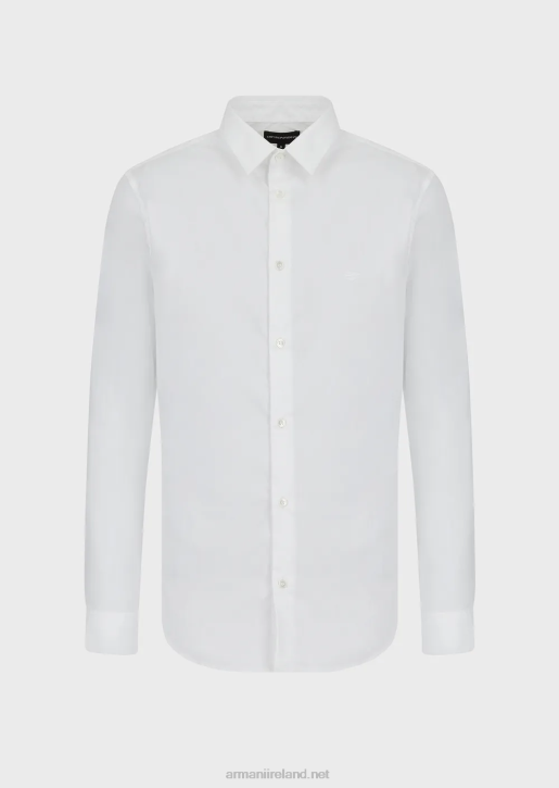 Men 086V1102 Stretch Nylon-Blend Shirt With Embroidered Eagle Armani White