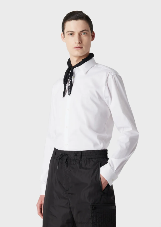 Men 086V1102 Stretch Nylon-Blend Shirt With Embroidered Eagle Armani White