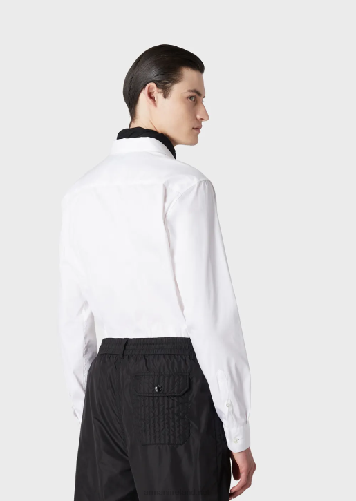 Men 086V1102 Stretch Nylon-Blend Shirt With Embroidered Eagle Armani White