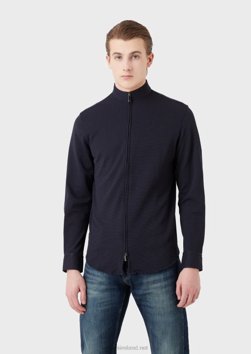 Men 086V1104 Full-Zip Nehru Collar Shirt/Jacket In 3D Stretch Technical Jersey Armani Navy Blue