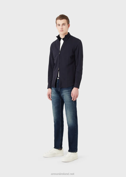 Men 086V1104 Full-Zip Nehru Collar Shirt/Jacket In 3D Stretch Technical Jersey Armani Navy Blue
