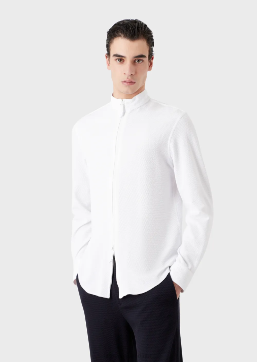 Men 086V1105 Full-Zip Nehru Collar Shirt/Jacket In 3D Stretch Technical Jersey Armani Milky White