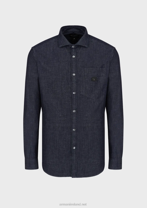 Men 086V1106 Denim Shirt With Pocket And Micro Eagle Patch Armani Navy Blue
