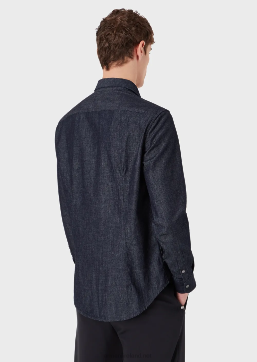 Men 086V1106 Denim Shirt With Pocket And Micro Eagle Patch Armani Navy Blue