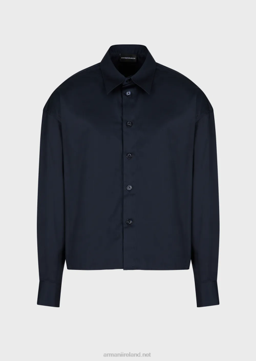 Men 086V1110 Asymmetric-Hem Shirt In Lightweight Cotton Satin Armani Navy Blue