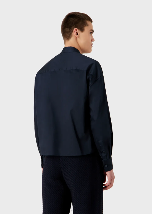 Men 086V1110 Asymmetric-Hem Shirt In Lightweight Cotton Satin Armani Navy Blue