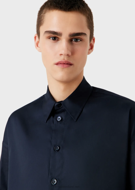 Men 086V1110 Asymmetric-Hem Shirt In Lightweight Cotton Satin Armani Navy Blue