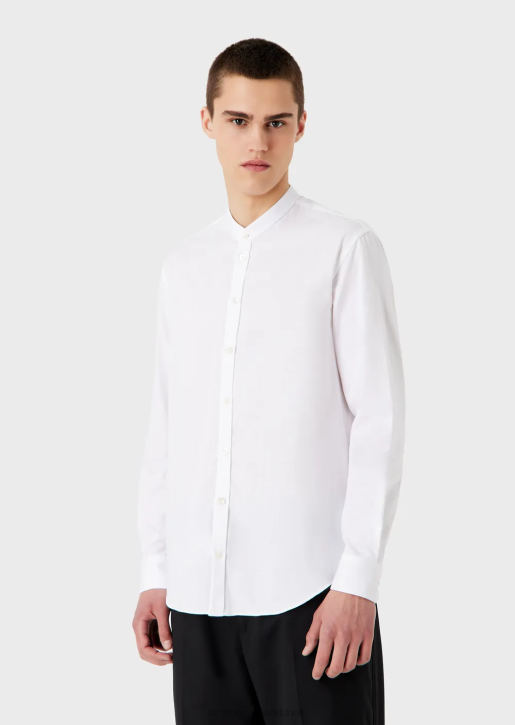 Men 086V1112 Shirt In A Vertical Geometric Pattern Jacquard With A Guru Collar Armani White