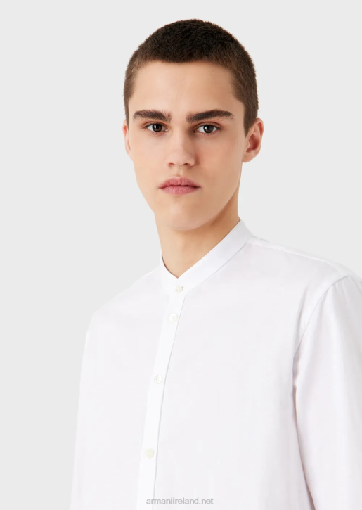 Men 086V1112 Shirt In A Vertical Geometric Pattern Jacquard With A Guru Collar Armani White