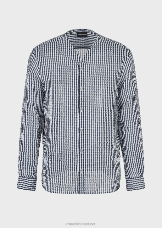 Men 086V1113 Two-Toned Silk-Blend Seersucker V-Neck Shirt Armani Pattern
