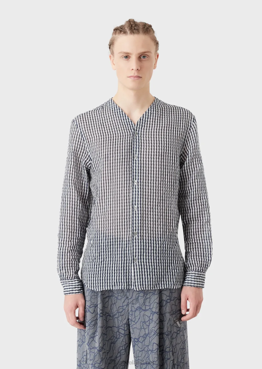 Men 086V1113 Two-Toned Silk-Blend Seersucker V-Neck Shirt Armani Pattern