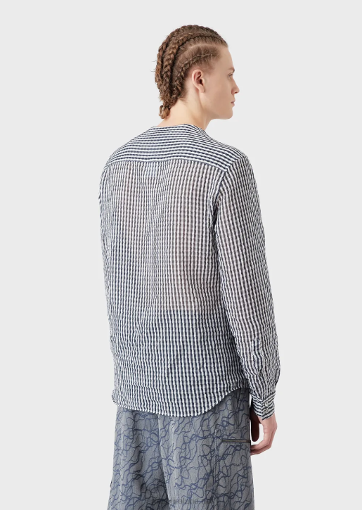 Men 086V1113 Two-Toned Silk-Blend Seersucker V-Neck Shirt Armani Pattern