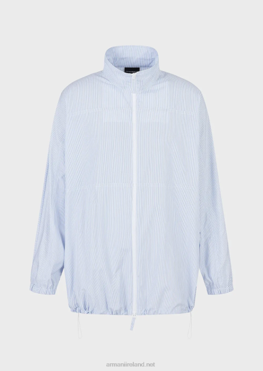 Men 086V1115 Full-Zip Shirt Jacket In Striped Poplin With Logo And Merman Print Armani Azure