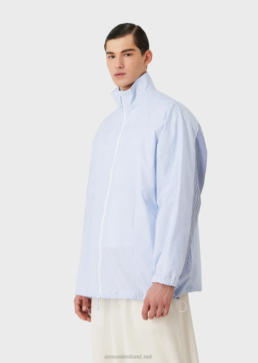 Men 086V1115 Full-Zip Shirt Jacket In Striped Poplin With Logo And Merman Print Armani Azure