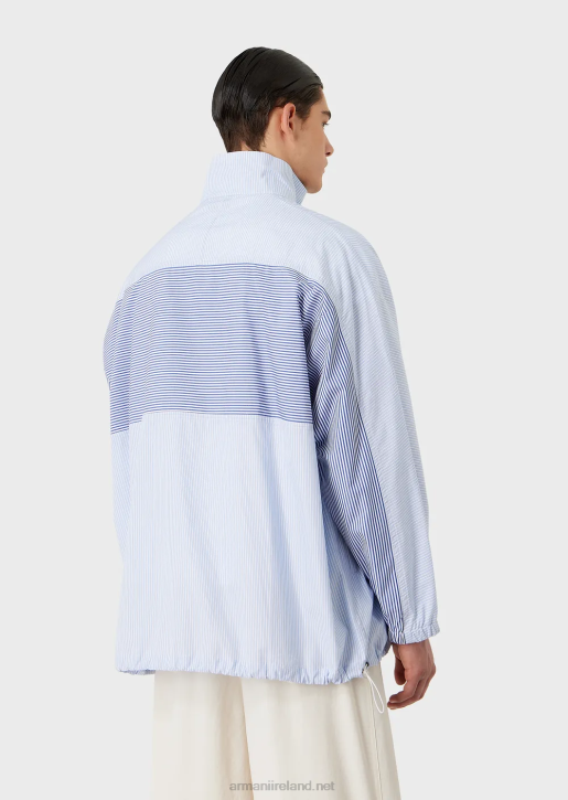 Men 086V1115 Full-Zip Shirt Jacket In Striped Poplin With Logo And Merman Print Armani Azure