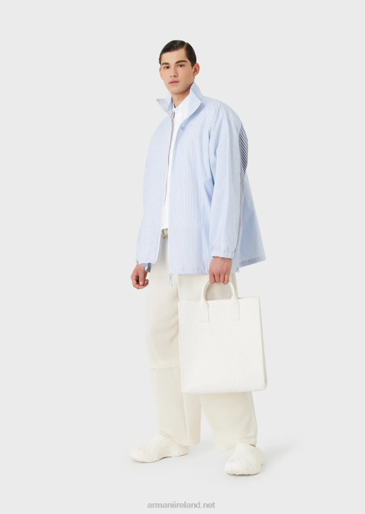 Men 086V1115 Full-Zip Shirt Jacket In Striped Poplin With Logo And Merman Print Armani Azure