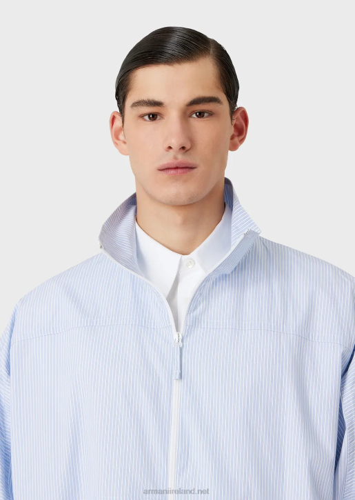 Men 086V1115 Full-Zip Shirt Jacket In Striped Poplin With Logo And Merman Print Armani Azure