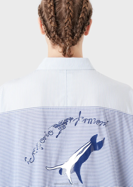 Men 086V1115 Full-Zip Shirt Jacket In Striped Poplin With Logo And Merman Print Armani Azure