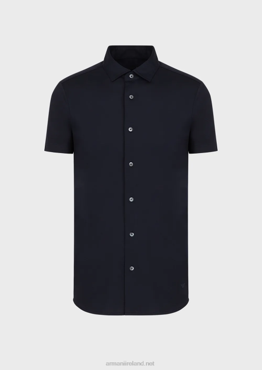Men 086V1116 Short-Sleeved Tencel Jersey Blend Shirt Armani Navy Blue