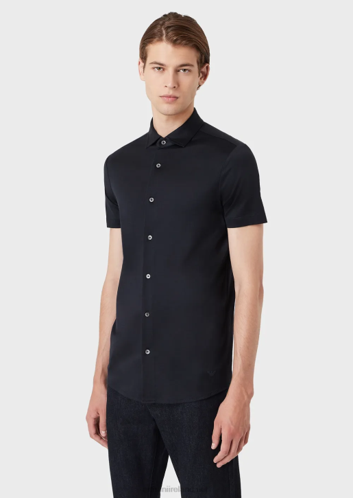 Men 086V1116 Short-Sleeved Tencel Jersey Blend Shirt Armani Navy Blue