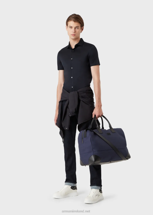 Men 086V1116 Short-Sleeved Tencel Jersey Blend Shirt Armani Navy Blue