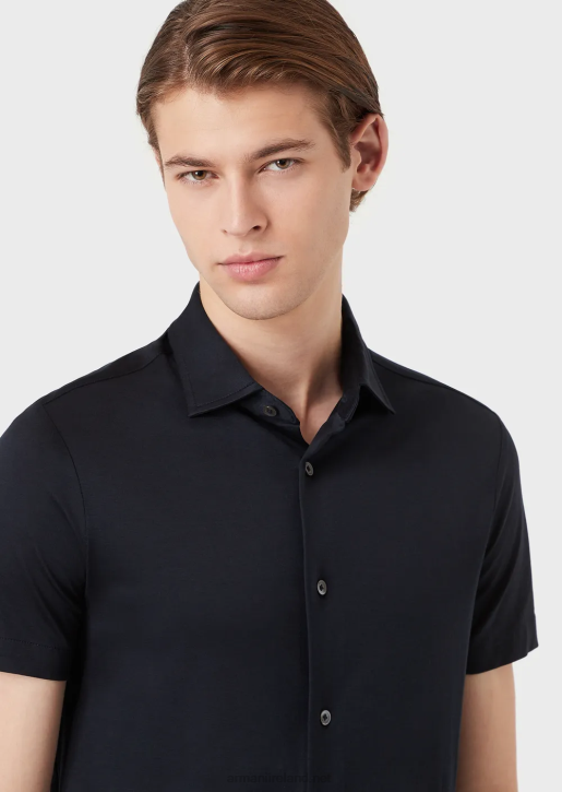 Men 086V1116 Short-Sleeved Tencel Jersey Blend Shirt Armani Navy Blue