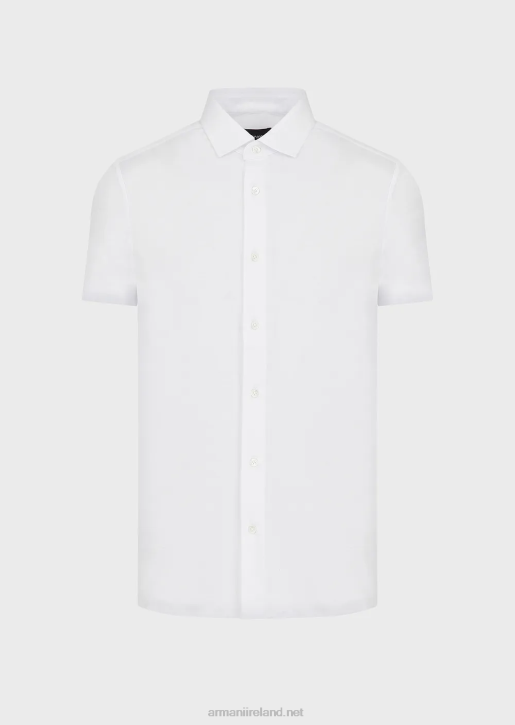 Men 086V1117 Short-Sleeved Tencel Jersey Blend Shirt Armani White