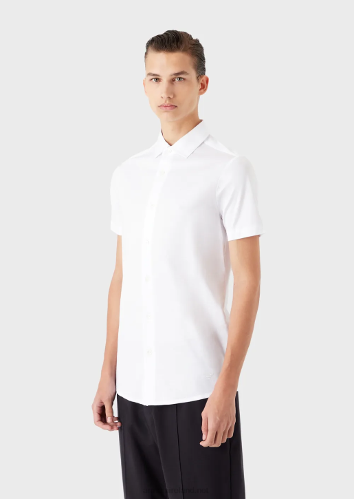 Men 086V1117 Short-Sleeved Tencel Jersey Blend Shirt Armani White