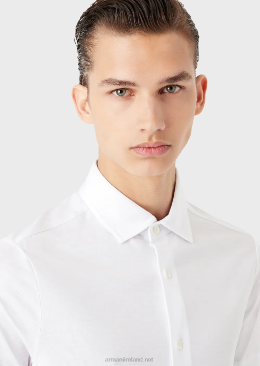 Men 086V1117 Short-Sleeved Tencel Jersey Blend Shirt Armani White