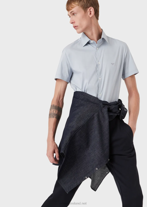 Men 086V1119 Short-Sleeved, Stretch Nylon-Blend Shirt Armani Azure