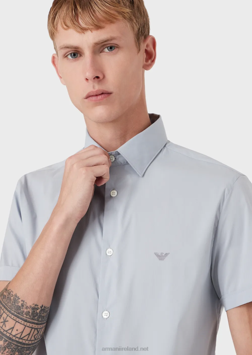 Men 086V1119 Short-Sleeved, Stretch Nylon-Blend Shirt Armani Azure