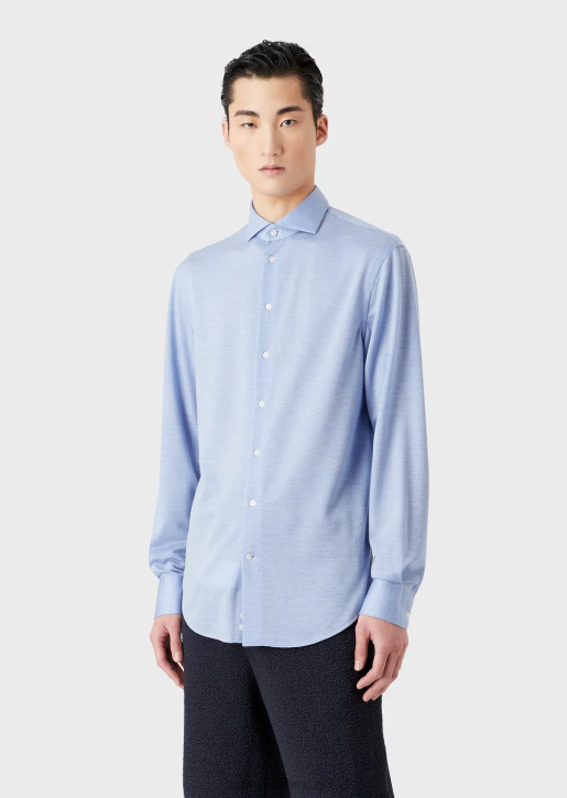 Men 086V1123 Eucalyptus Wool-Blend Textured Jersey Shirt Armani Azure