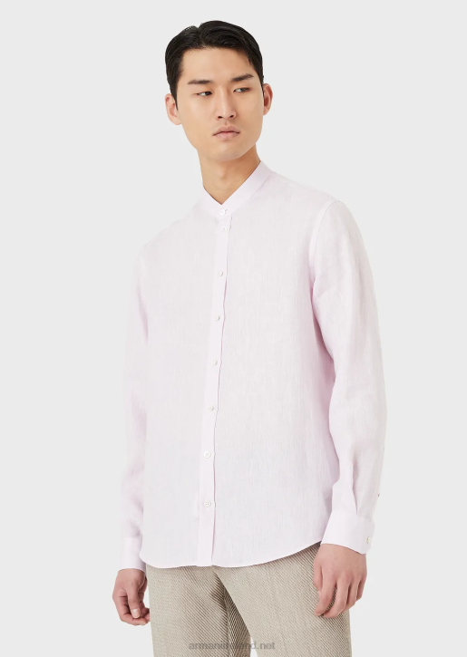 Men 086V1139 Modern-Fit, Linen Chambray, Guru-Collar Shirt Armani Pink