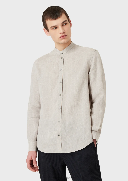 Men 086V1140 Modern-Fit, Linen Chambray, Guru-Collar Shirt Armani